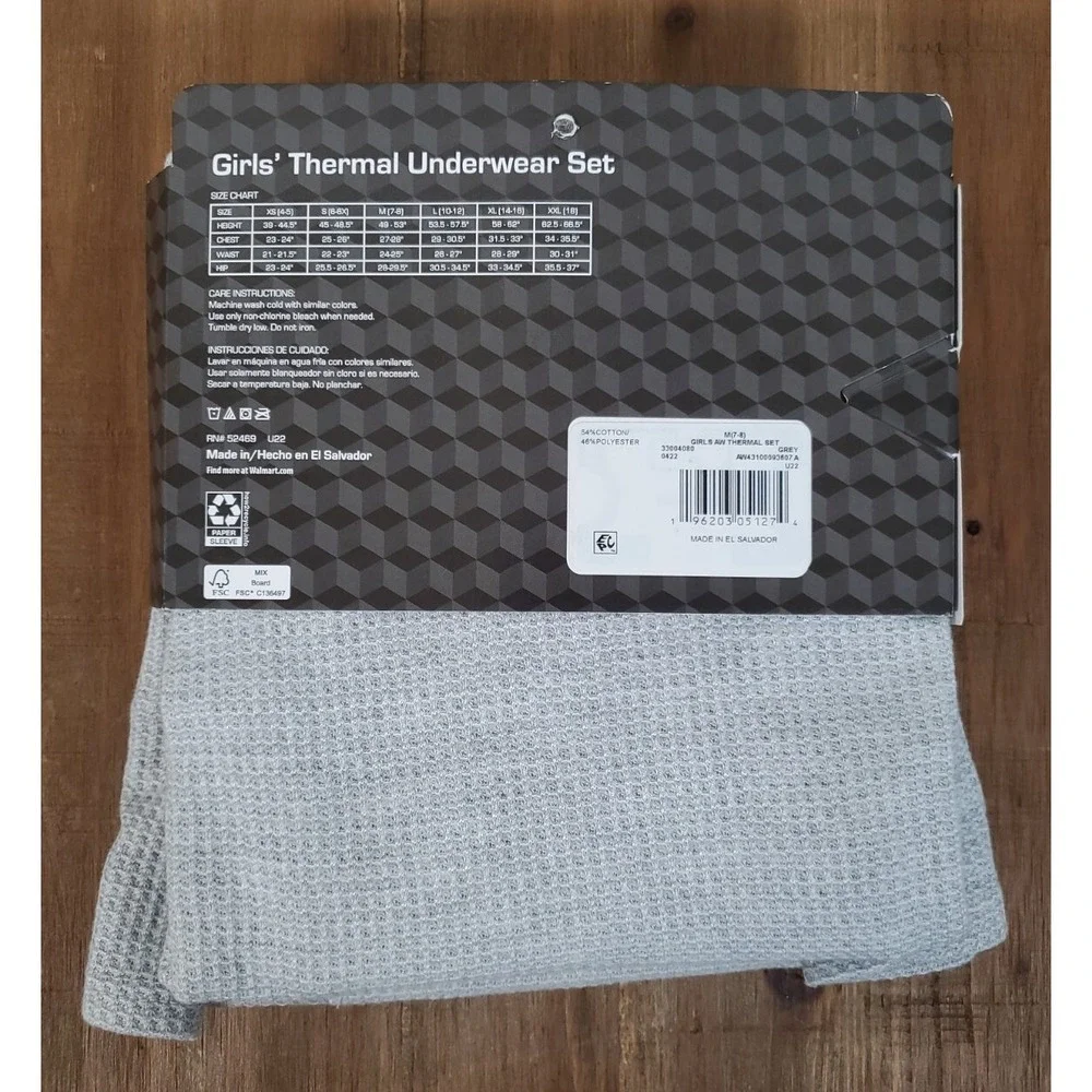 Athletic Works Girls Waffle Thermal Underwear Set Medium 7-8 Gray NEW